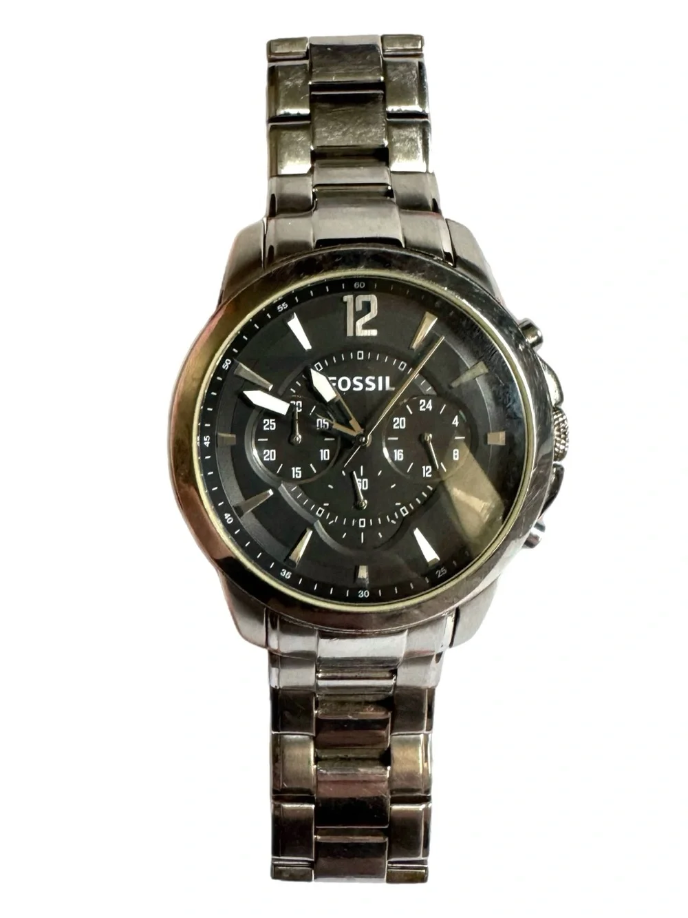 Fossil Grant Watch Chronograph Silver Tone Black Dial Stainless Steel Works